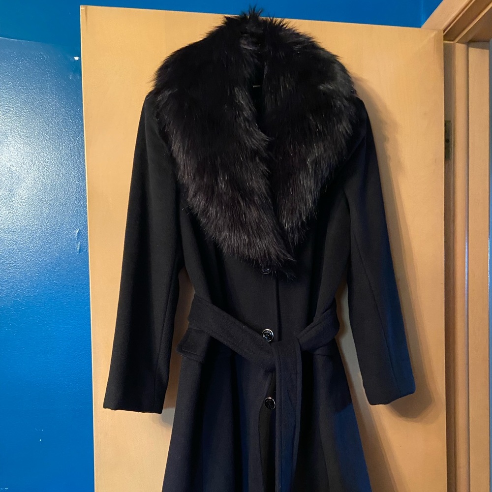 Calvin Klein wool Faux fur collar belted walking coat